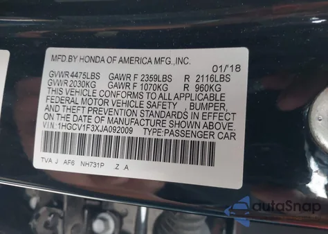 2018 Honda Accord Sport z USA, uszkodzony, nr VIN 1HGCV1F3XJA092009